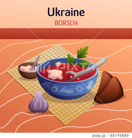 Ukrainian ethnic cuisine composition with borsch, bowl of sour cream, brown rye bread and garlic. Concept flat hand drawn vector illustration. Food dishes art. Ukrainian ethnic cuisine composition with borsch, bowl of sour cream, brown rye bread and garlic. Concept flat hand drawn vector illustration. Food dishes art. 88749889