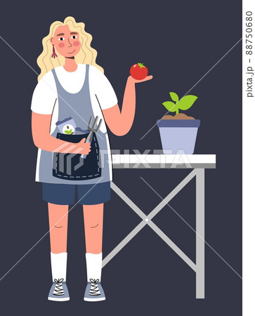 A woman plants seedlings standing at a table A woman farmer gardener doing work and agricultural hobby Vector illustration isolated 88750680