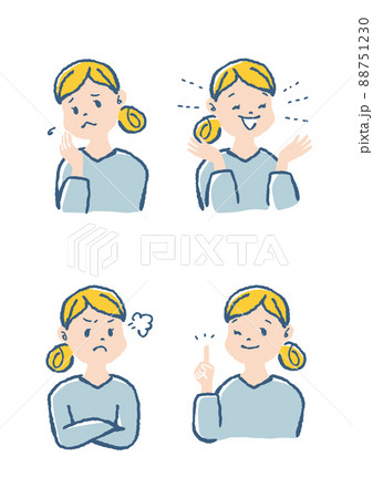女性 しょんぼり 笑う 怒る ポイント セットのイラスト素材 女性 しょんぼり 笑う 怒る ポイント セットのイラスト素材