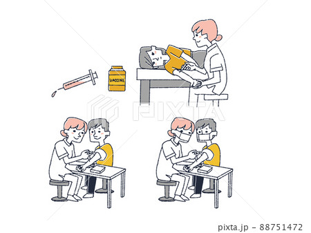 注射に関する人物イラストセット　コミカルな手書きの人物　ベクター、線画にカラー 88751472
