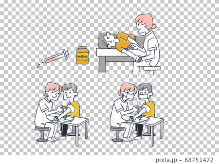 注射に関する人物イラストセット　コミカルな手書きの人物　ベクター、線画にカラー 88751472