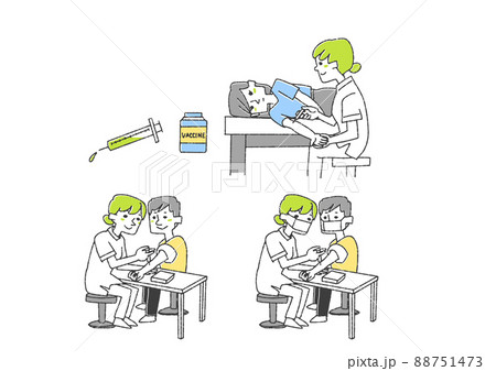 注射に関する人物イラストセット　コミカルな手書きの人物　ベクター、線画にカラー 88751473