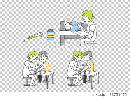 注射に関する人物イラストセット　コミカルな手書きの人物　ベクター、線画にカラー 88751473