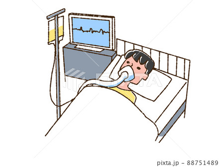 人工呼吸器につながれている患者 男性 コミカルな手書きの人物 ベクター 線画にカラーのイラスト素材 7514