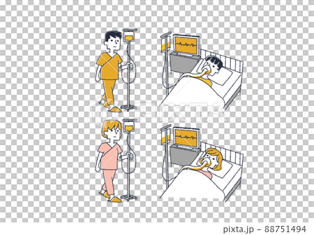 入院患者のイラストセット　コミカルな手書きの人物　ベクター、線画にカラー 88751494