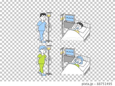 入院患者のイラストセット　コミカルな手書きの人物　ベクター、線画にカラー 88751495