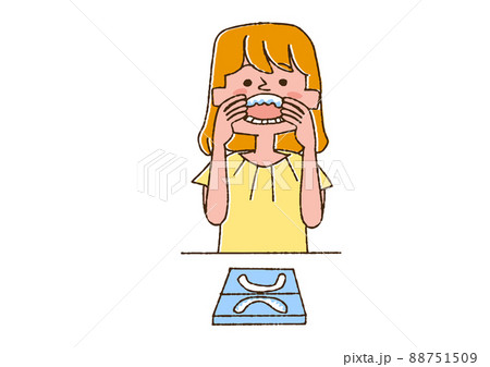 矯正用マウスピースをしている女性 コミカルな手書きの人物 ベクター、線画にカラー 矯正用マウスピースをしている女性 コミカルな手書きの人物 ベクター、線画にカラー 88751509