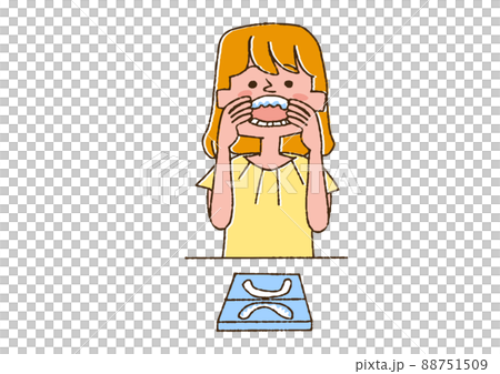 矯正用マウスピースをしている女性 コミカルな手書きの人物 ベクター、線画にカラー 矯正用マウスピースをしている女性 コミカルな手書きの人物 ベクター、線画にカラー 88751509