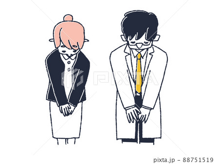 お辞儀をしている医者と看護師のセット コミカルな手書きの人物 ベクター 線画にカラーのイラスト素材