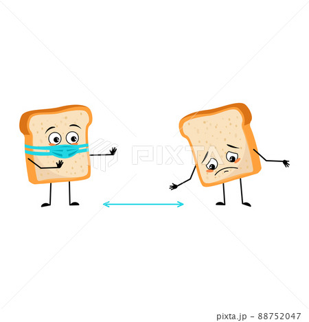 Cute bread character with face in medical mask keep distance, arms and legs. Baking person, homemade pastry with care expression. Vector flat illustration 88752047