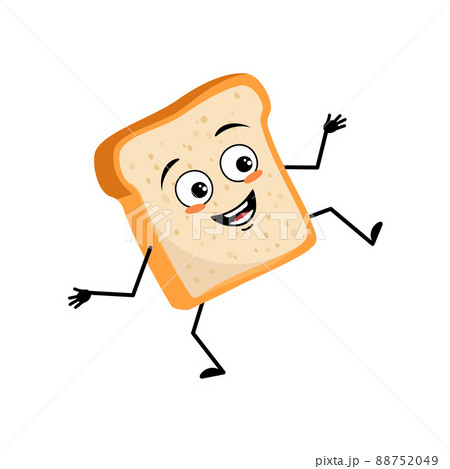 Cute bread character with joyful emotions, happy face, smile, arms and legs. Bakery, homemade pastry with funny expression and pose. Vector flat illustration 88752049