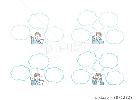 若い男女会社員  上半身イラスト + 吹き出し (文字スペース) /  紹介・ひらめく・説明 88752828