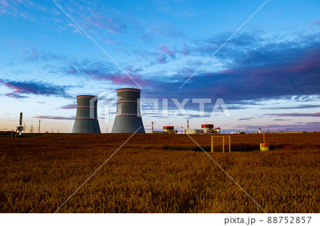 Breathtaking picturesque evening view of the nuclear power plant in Ostrovets, Belarus. Breathtaking picturesque evening view of the nuclear power plant in Ostrovets, Belarus. 88752857