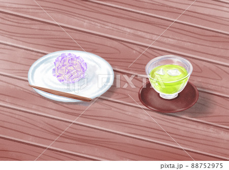 夏の和菓子 紫陽花と冷茶 背景ありのイラスト素材