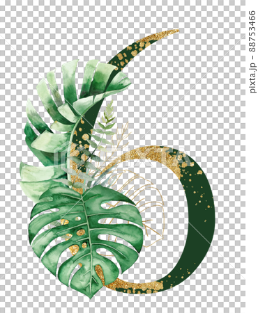 Golden number 6 decorated with green and golden tropical leaves Watercolor isolated illustration 88753466