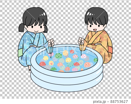 ヨーヨー釣りで遊ぶ子供たちのイラストのイラスト素材