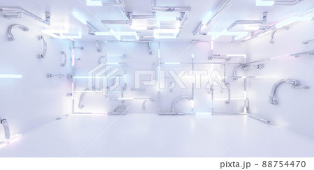 futuristic bright industrial laboratory lab background with pipes and glowing blue and violet neon light. 3d render illustration futuristic bright industrial laboratory lab background with pipes and glowing blue and violet neon light. 3d render illustration 88754470
