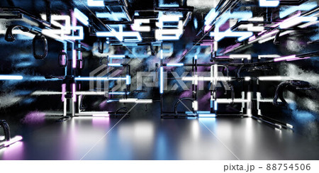 futuristic dark industrial grunge basement with pipes and glowing blue and violet neon light 3d render illustration futuristic dark industrial grunge basement with pipes and glowing blue and violet neon light 3d render illustration 88754506