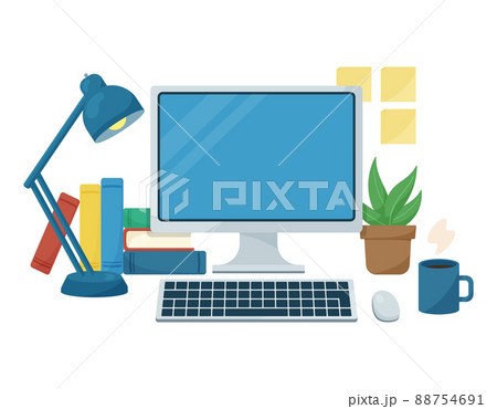 ワークデスクや勉強机などのワークスペースのイメージイラスト デスクワーク 勉強 オンライン のイラスト素材
