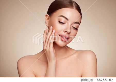 Portrait beautiful young woman with clean fresh skin. Model with healthy skin, close up portrait. Cosmetology, beauty and spa Portrait beautiful young woman with clean fresh skin. Model with healthy skin, close up portrait. Cosmetology, beauty and spa 88755167