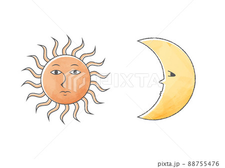 シンプルでオカルトな顔のある太陽と月のイラスト素材