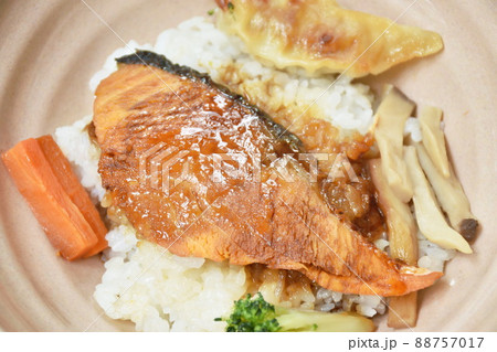 grilled salmon soy sauce with pork dumpling and vegetable topping on Japanese rice in bowl grilled salmon soy sauce with pork dumpling and vegetable topping on Japanese rice in bowl 88757017