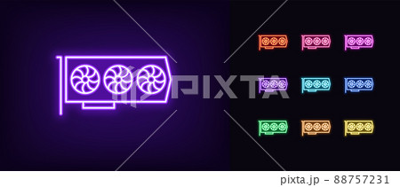 Outline neon graphic card icon. Glowing neon Gaming video card, GPU device pictogram. Graphic processor 88757231