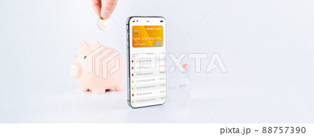 Internet based banking. Mobile phone with internet online bank app. Pig bank with credit card on white background. Online wallet save money. Internet based banking. Mobile phone with internet online bank app. Pig bank with credit card on white background. Online wallet save money. 88757390