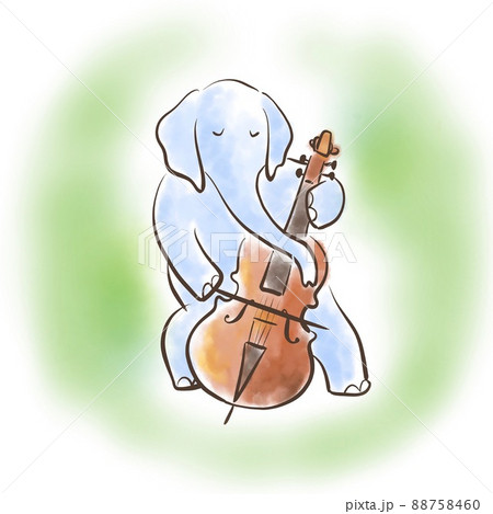 ゾウがのんびりとチェロを弾いているイラストのイラスト素材