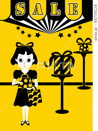 黄色と黒のツートンカラー。セールで女の子がお見せでワクワクしながら楽しいお買物 黄色と黒のツートンカラー。セールで女の子がお見せでワクワクしながら楽しいお買物 88759128