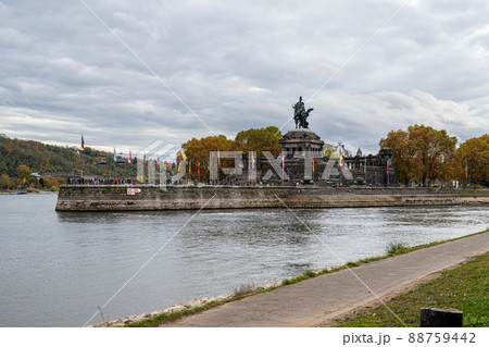 Koblenz were Rhein and Mosel meet. The German Corner, a symbol of the unification of Germany with an equestrian statue of Emperor William I. 88759442