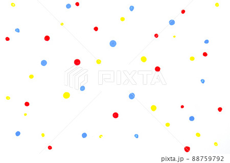 red blue yellow water colour random drop dots on white drawing paper with paper texture. 88759792