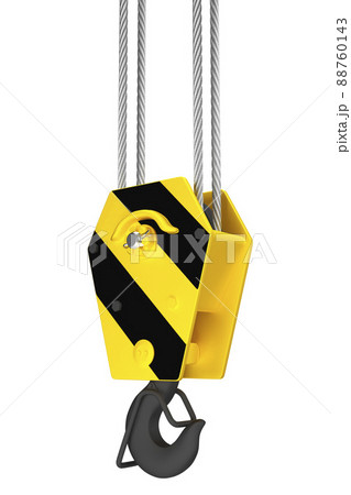 Black and yellow crane hook hanging on steel ropes 3d render 88760143