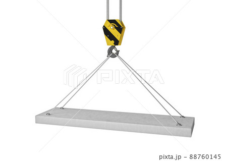 Slab hanged on crane hook by rope slings. 3d render 88760145