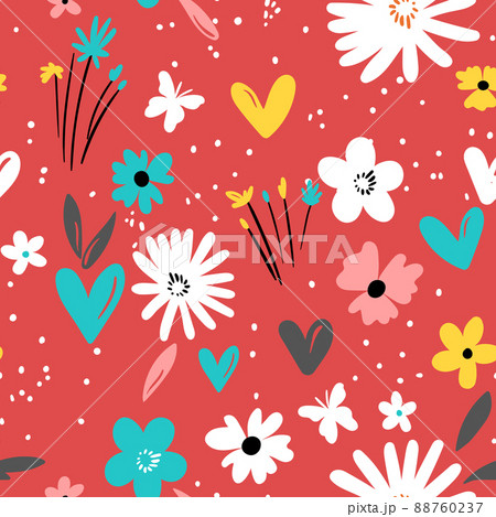 Seamless floral pattern based on traditional folk art ornaments. Colorful flowers on color background. Scandinavian style. Sweden nordic style. Vector illustration. Simple minimalistic pattern 88760237