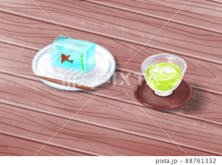 夏の和菓子 錦玉羹と冷茶 背景あり 夏の和菓子 錦玉羹と冷茶 背景あり 88761332
