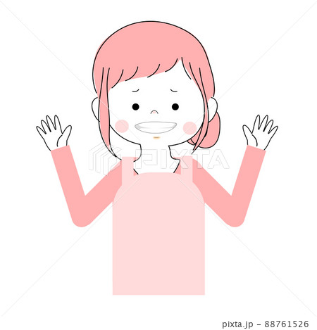 イラスト素材｜手を上げているエプロンを着た女性の単品素材(悲しい顔) 88761526