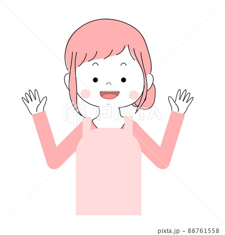 イラスト素材 手を上げているエプロンを着た女性の単品素材 笑顔 驚き のイラスト素材