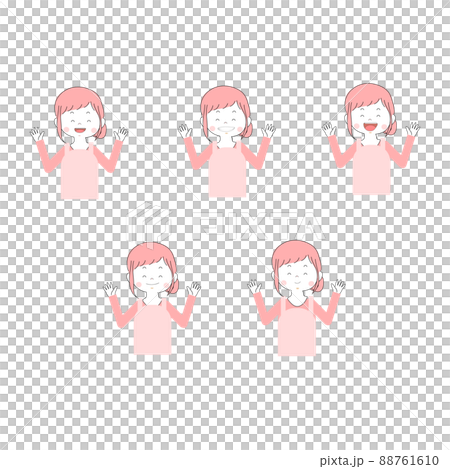 イラスト素材｜手を上げているエプロンを着た女性の表情セット(笑顔/喜び) 88761610