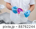 Close up view of dentist hand holding silicone jaw imprint 88762244