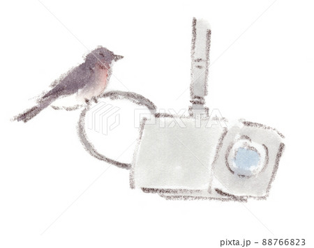 春、防犯カメラの上に留まるツバメ（燕）。水彩画イラストレーション 88766823