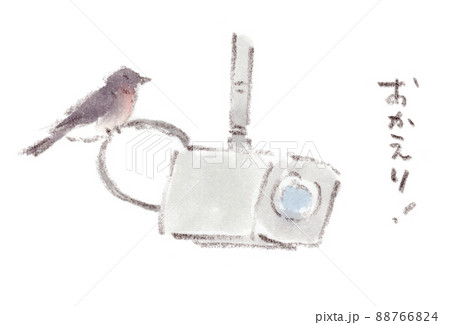 春、防犯カメラの上に留まるツバメ（燕）。水彩画イラストレーション 88766824