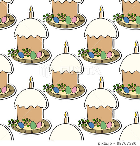 Seamless pattern with Easter cake on white background. Hand drawn Happy Easter symbol. Design for card, postcard, wallpaper, poster, fabric, textile. Holiday sweet food. Doodle style 88767530