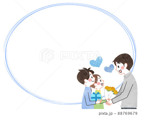 父親と子供達のフレーム手描きイラスト 88769679