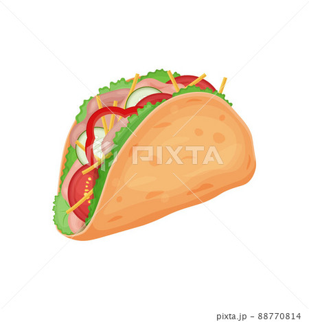 Tacos. Mouth-watering taco dish of Mexican cuisine. Tacos with meat and vegetables. Vector illustration isolated on a white background 88770814