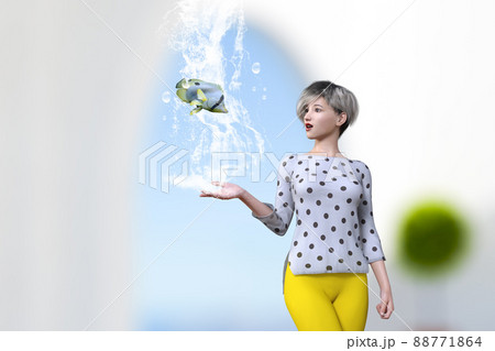 海の見える白い建物の中でショートカットの女性が手のひらに水しぶきを上げて泳ぐチョウチョウウオを驚きな 88771864
