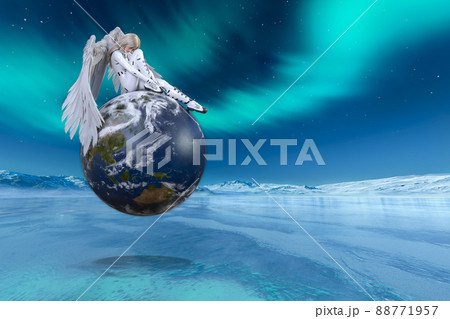 オーロラが見える氷の大地で純白の翼が生えた白いボディスーツの女性が地球の上に座り、脚を抱え考えている 88771957
