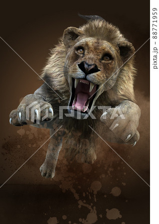 土煙を上げながら迫力のあるどう猛な表情で襲い飛びかかってくるオスのライオン 88771959