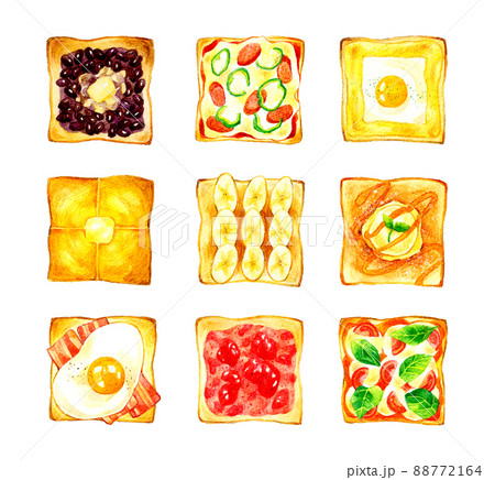 さまざまなアレンジトーストのセットイラスト 料理・カフェメニューの手描き水彩イラスト素材集 さまざまなアレンジトーストのセットイラスト 料理・カフェメニューの手描き水彩イラスト素材集 88772164