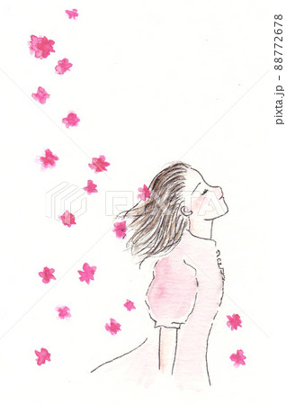 ピンク色の花々と横向きの穏やかな表情の女性 88772678